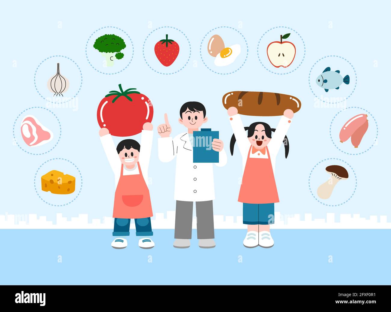 Food Safety day with professor and children holding foods Stock Photo