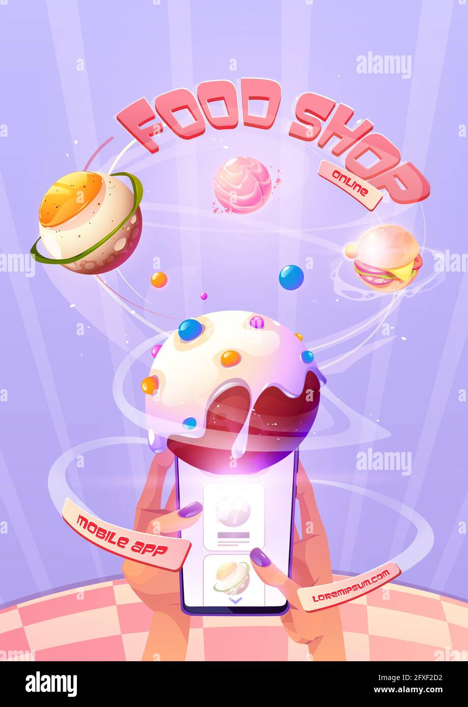 Online food shop poster. Mobile app for delivery food from grocery