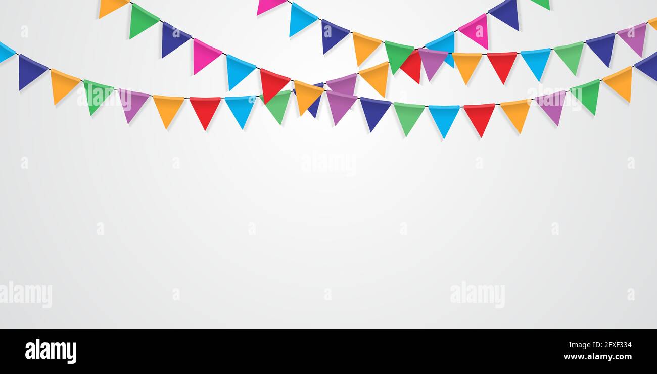 Colorful Triangle Hanging Flags Garlands on White Background