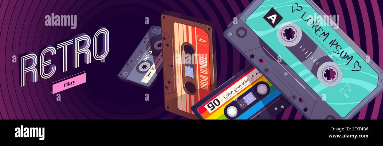 Retro mixtapes cartoon web banner with audio mix tapes falling into hypnotic pattern. Cassettes, media or music store ad in vintage style, analog multimedia devices, Vector illustration Stock Vector