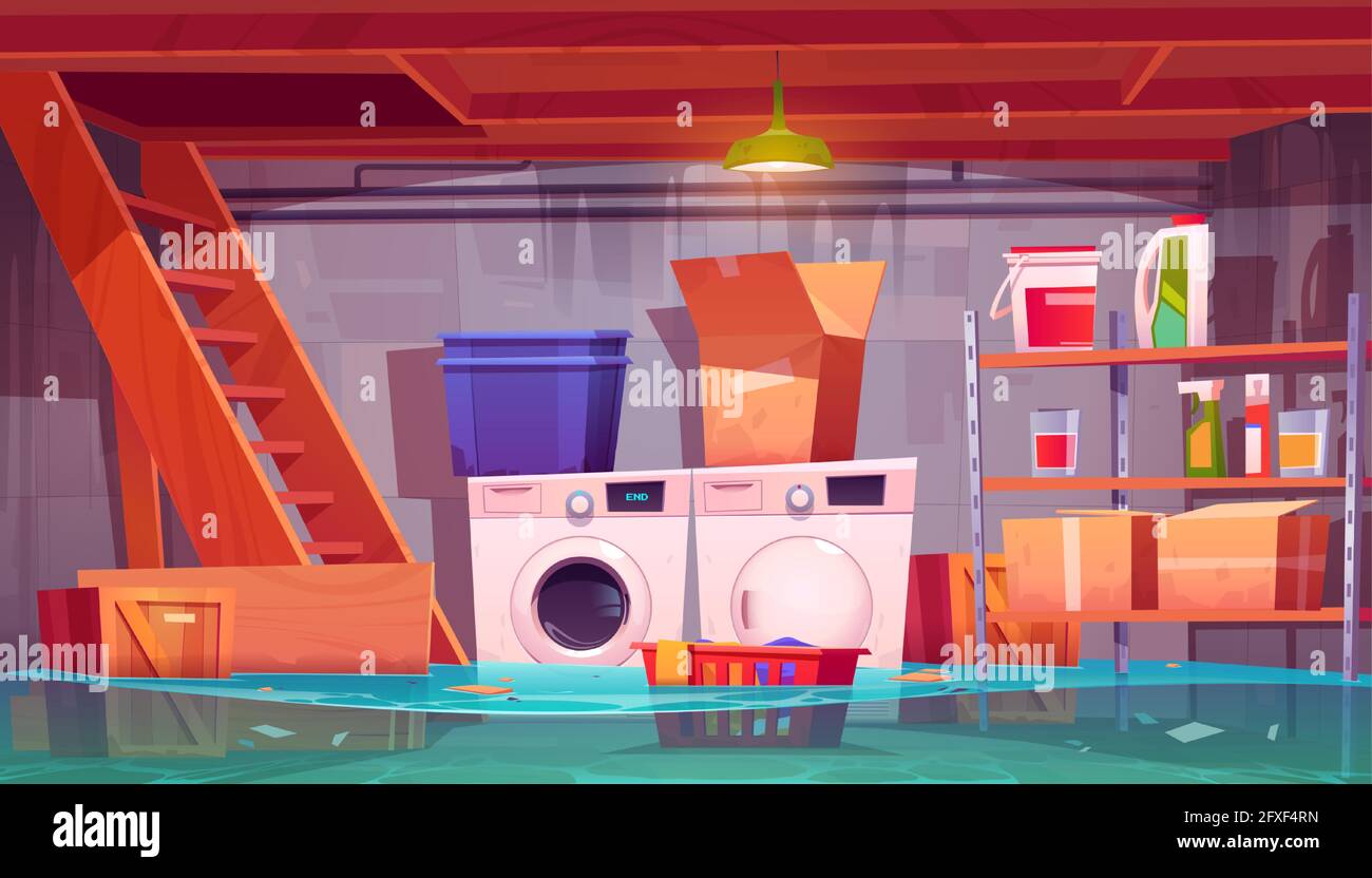 Flooded laundry in basement, water leakage in home cellar interior with washing and dryer machines, detergents on shelves, basket with dirty linen and carton boxes, flood, Cartoon vector illustration Stock Vector