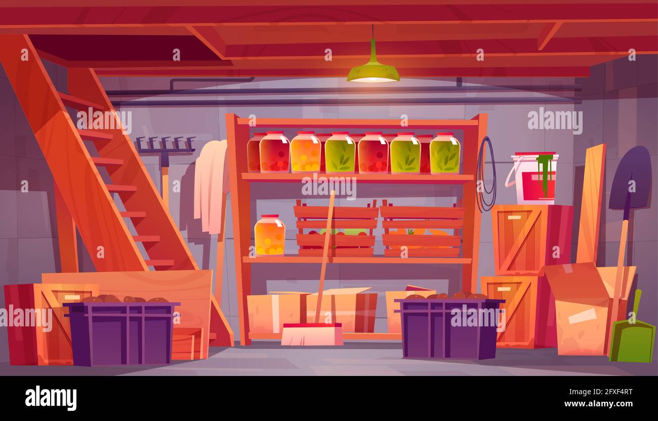 Storage room in house basement with food preserves on shelves, garden tools and boxes. Vector cartoon interior of storeroom in home cellar with wooden stairs and crates with vegetables Stock Vector