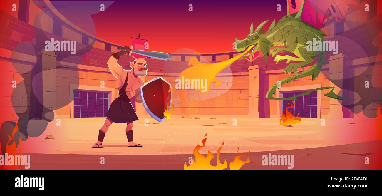 Ancient warrior fights against dragon on arena. Fighting amphitheater with gladiator with sword and shield and flying fire breathing magic beast. Vector cartoon fantasy illustration Stock Vector