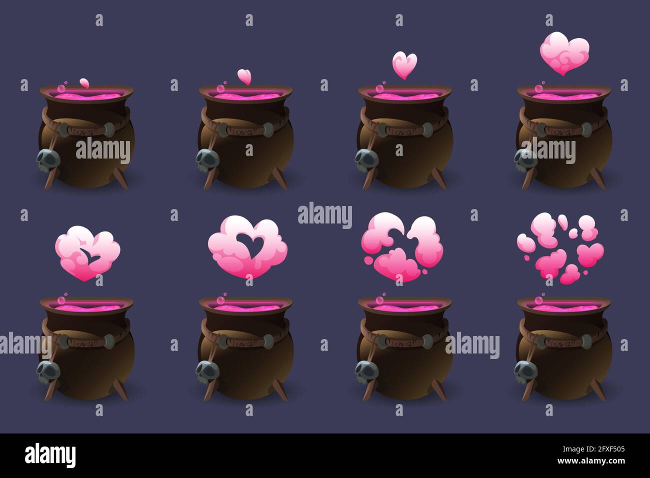 Cauldron with love potion motion sequence animation. Pink heart cloud of magic elixir appear from witch pot and then pass away. Ui design element for game, wizard poison isolated Cartoon vector set Stock Vector