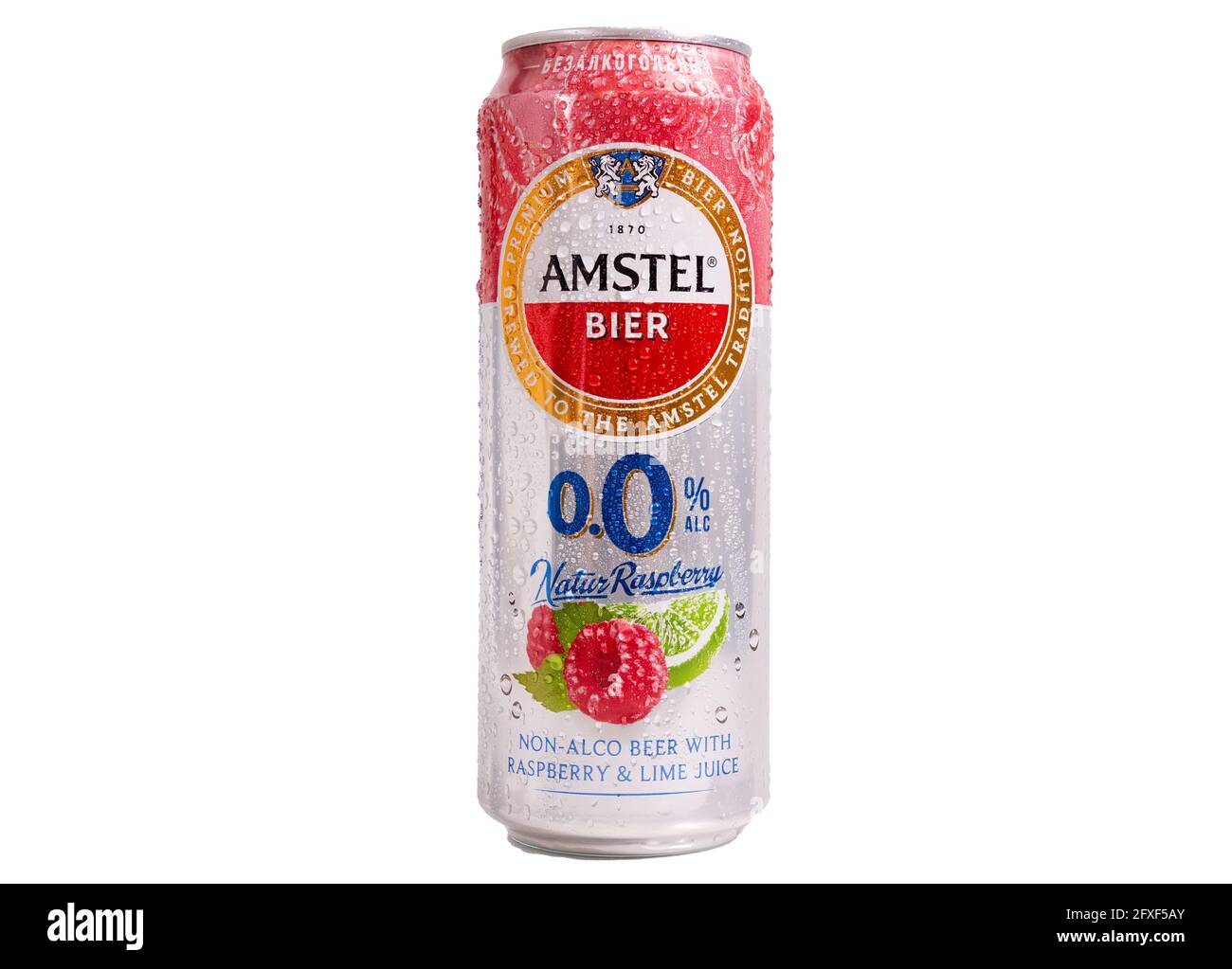 Tyumen, Russia-May 25, 2021: Amstel beer can isolated on white, non-alcoholic with lime and raspberries Stock Photo