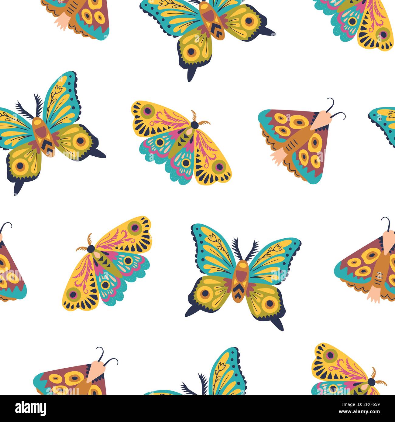 Cute seamless pattern with butterflies and moths. Doodle insect in ...