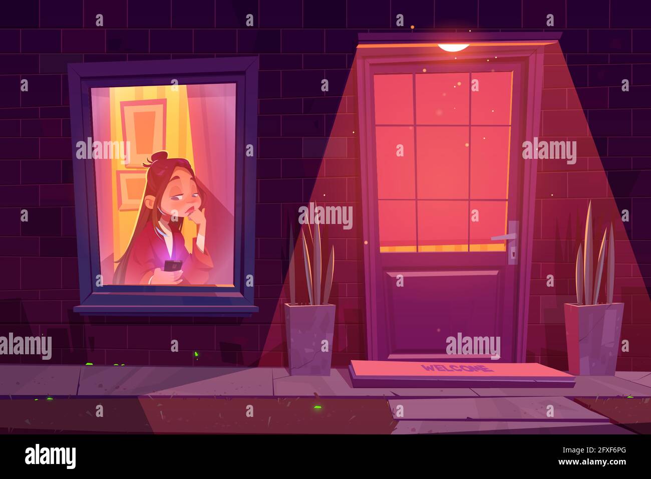 Lonely sad girl sitting alone at window with phone in hand waiting call or sms or boring. Night street outside view. Young woman at home with mobile, melancholy, isolation, Cartoon vector illustration Stock Vector