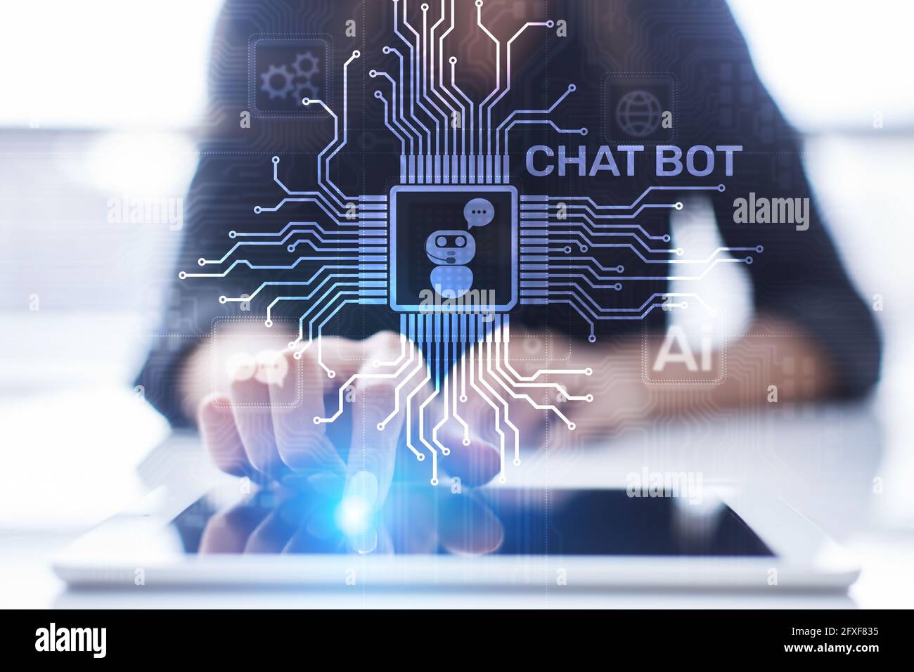 Chatbot computer program designed for conversation with human users over the Internet. Support and customer service automation technology concept. Stock Photo