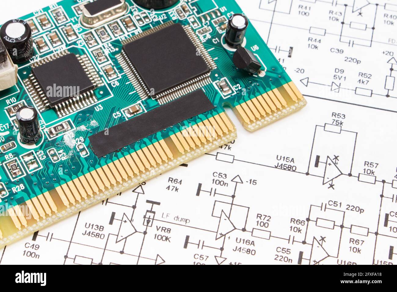 Printed circuit board with transistors, resistors, capacitor. Diagram