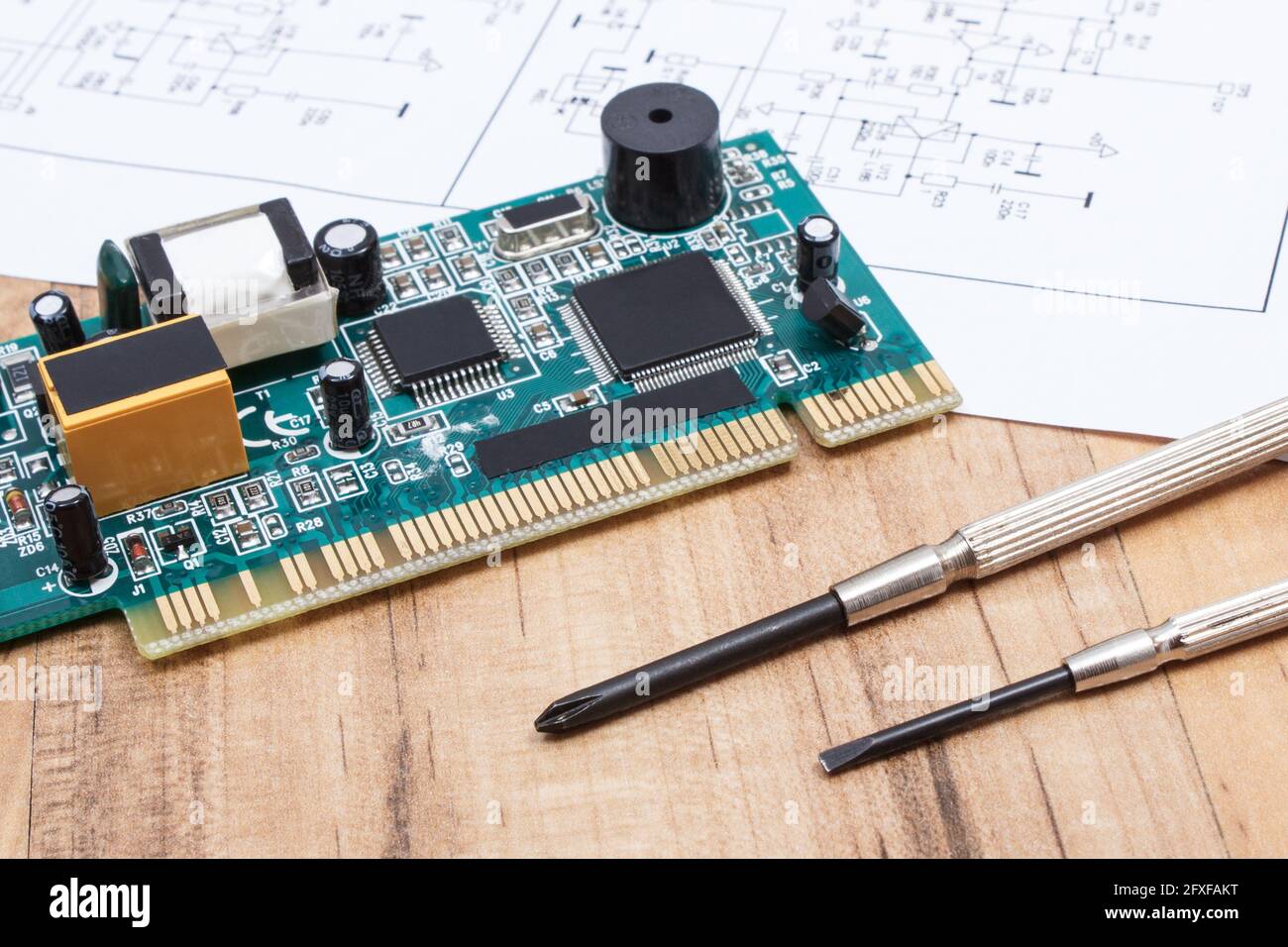 Printed circuit board with transistors, resistors, capacitor. Diagram