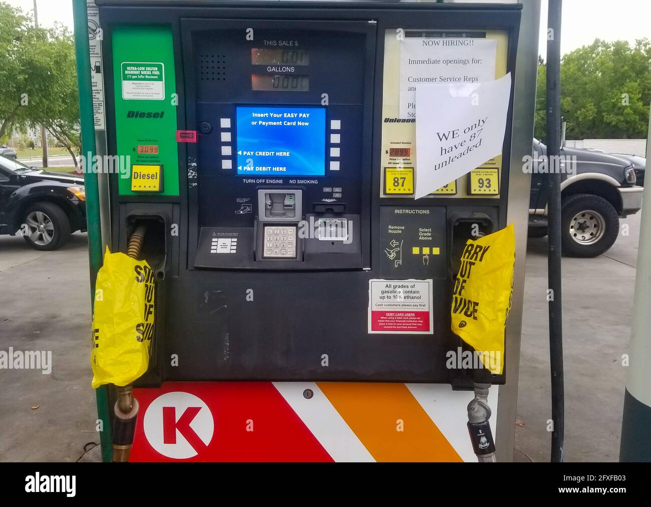 CONCORD, NC, UNITED STATES - May 13, 2021: Circle K Gas Station during the Gas Shortage of 2021. Pump is out of gas with yellow bags covering pumps. Stock Photo