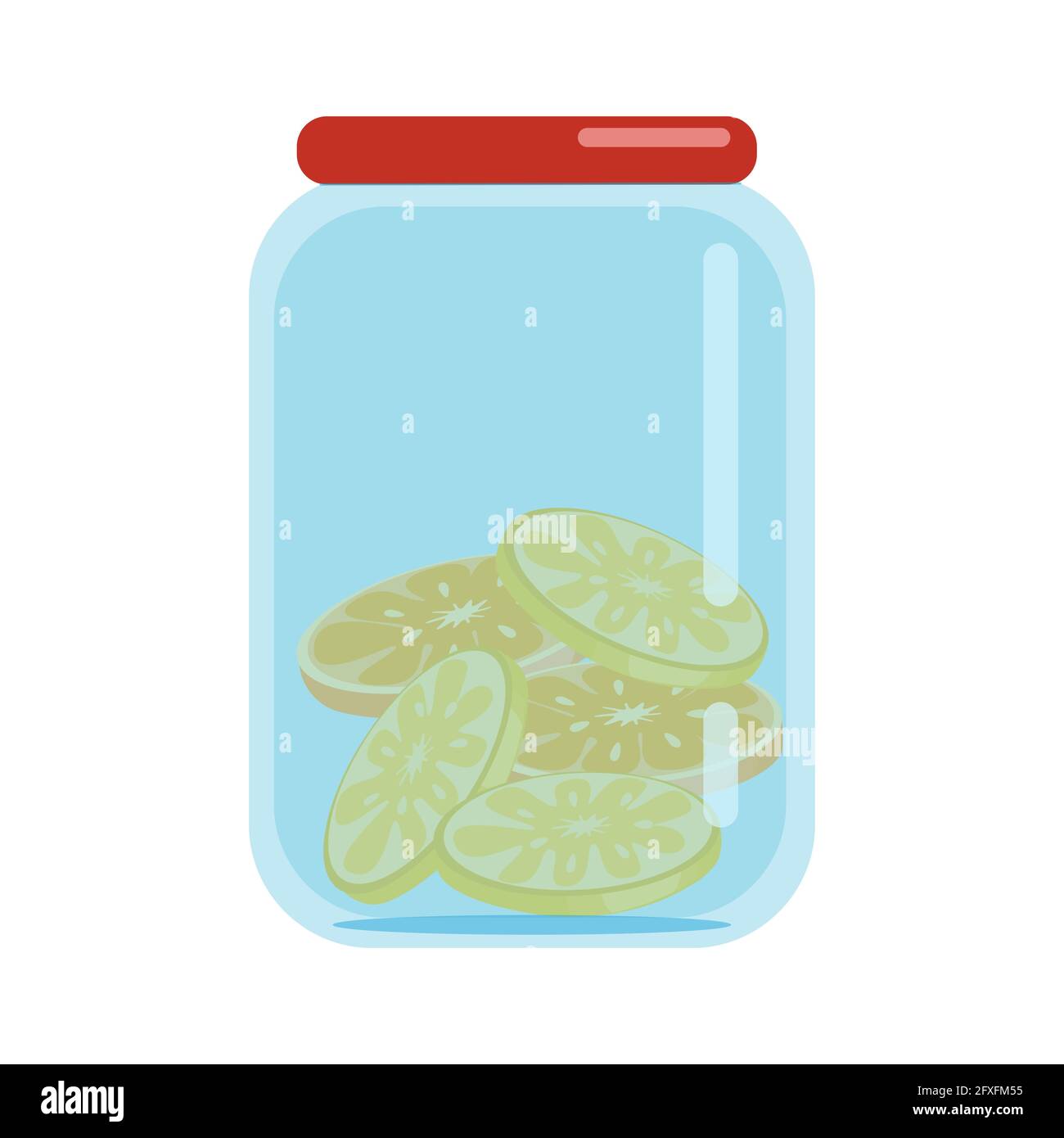 Glass jars closed with lids filled with dried slices of lemons and oranges, blanks of dried fruits, vector illustration in flat style, isolate Stock Vector