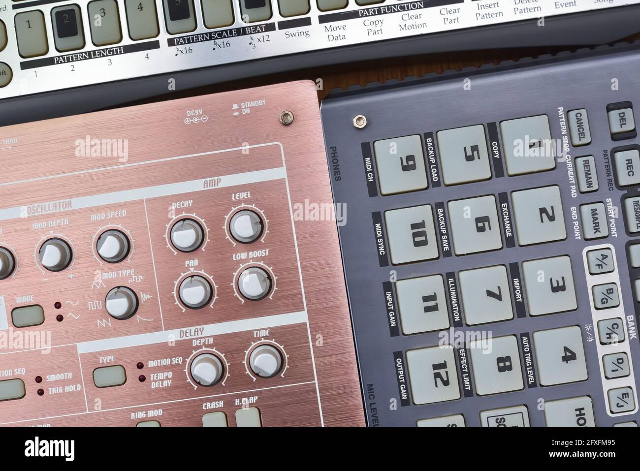 Top view of electronic synthesizers and sampler for creating electronic
