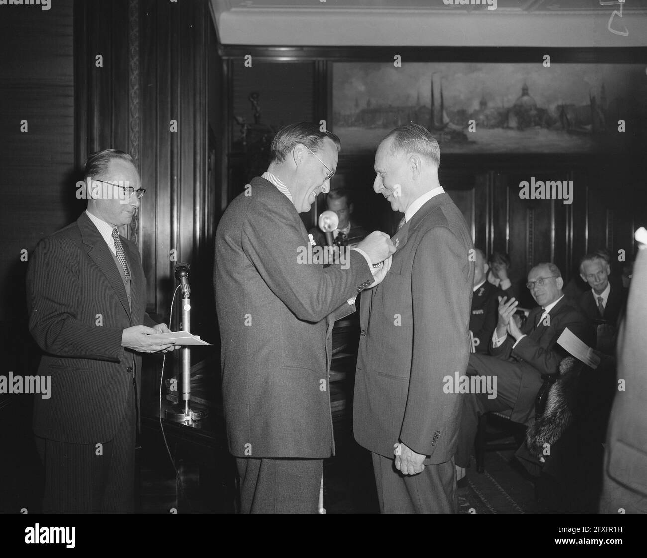 Presentation of Silver Carnations by Prince Bernhard. Frits Lugt (r), June 28, 1956, Presentations, The Netherlands, 20th century press agency photo, news to remember, documentary, historic photography 1945-1990, visual stories, human history of the Twentieth Century, capturing moments in time Stock Photo