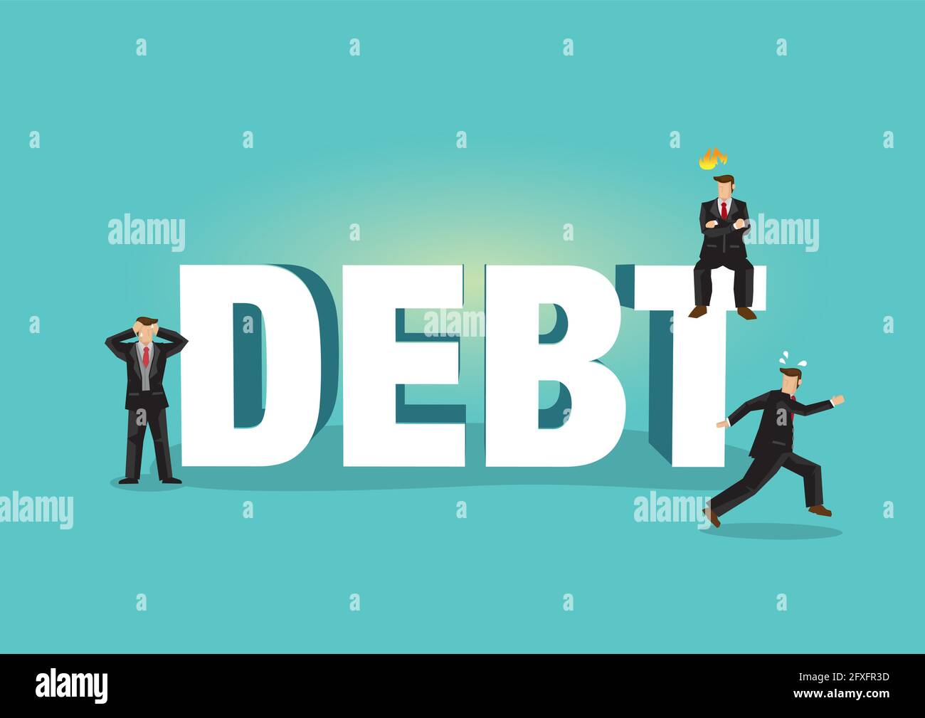 Typeface of Debt decorated with office businessman. Business concept of business debt, business activities and problems. Vector illustration. Stock Vector