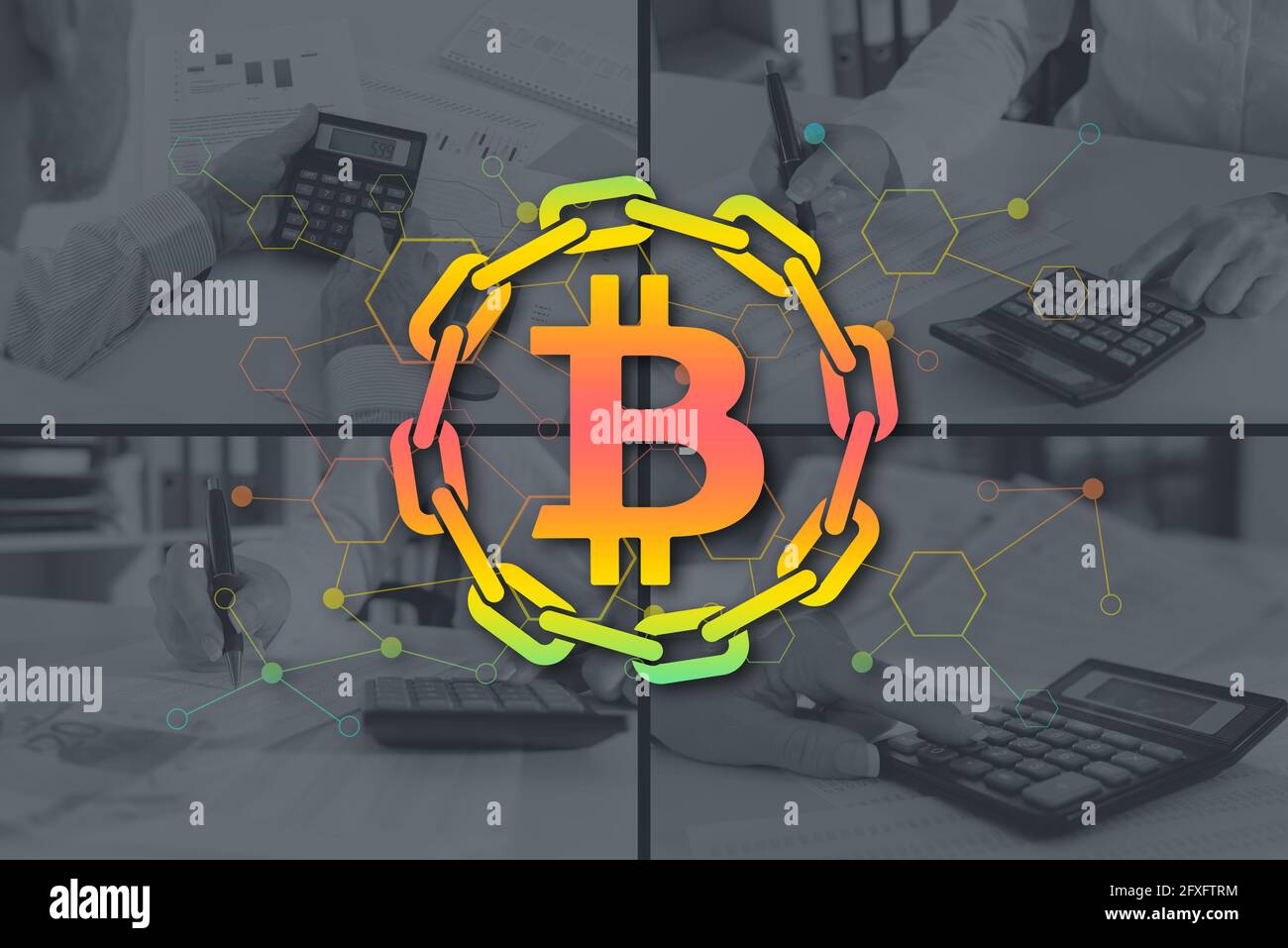 Blockchain concept illustrated by pictures on background Stock Photo ...