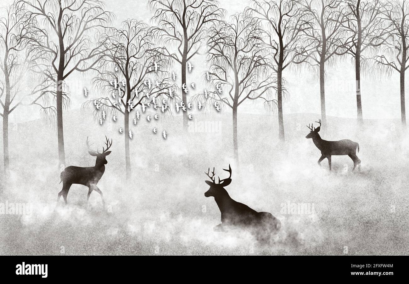 3d illustration, abstract foggy forest and deer, flock of white birds ...