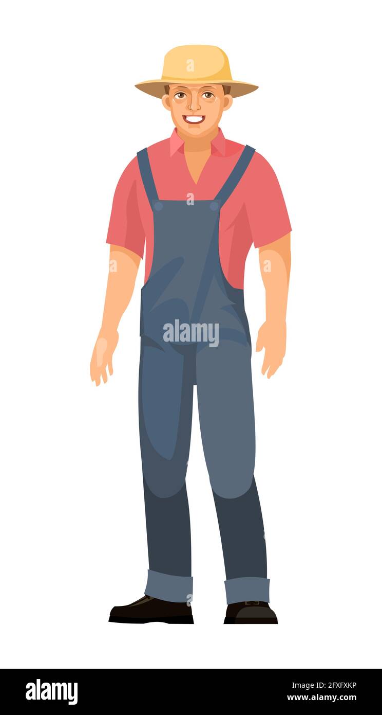 The farmer guy is standing. Young handsome cute boy wearing a hat. In