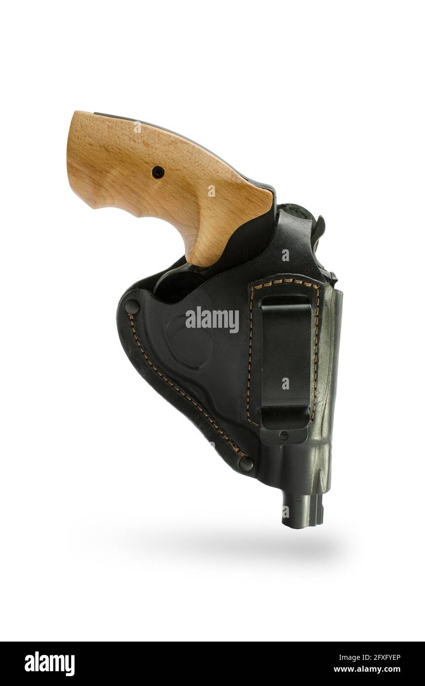 revolver in a leather black holster isolated Stock Photo - Alamy