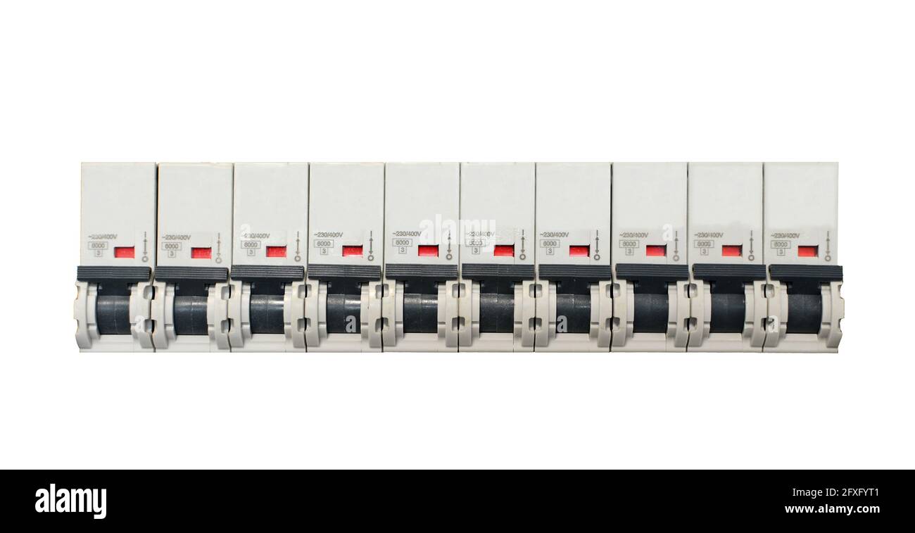Line of circuit breakers isolated on white background. Stock Photo