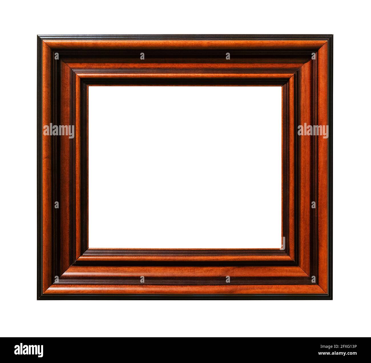 very wide dark brown wooden picture frame with blank canvas cutout on