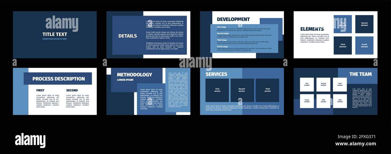 Presentation template. Blue rectangles flat design, white background. 8 slides. Title, detail, development, element, process description, methodology, Stock Vector