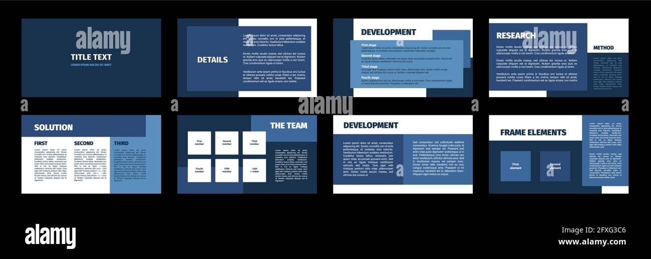 Presentation template. Blue rectangles flat design, white background. 8 slides. Title, detail, development, research, solution, team, frame, element. Stock Vector