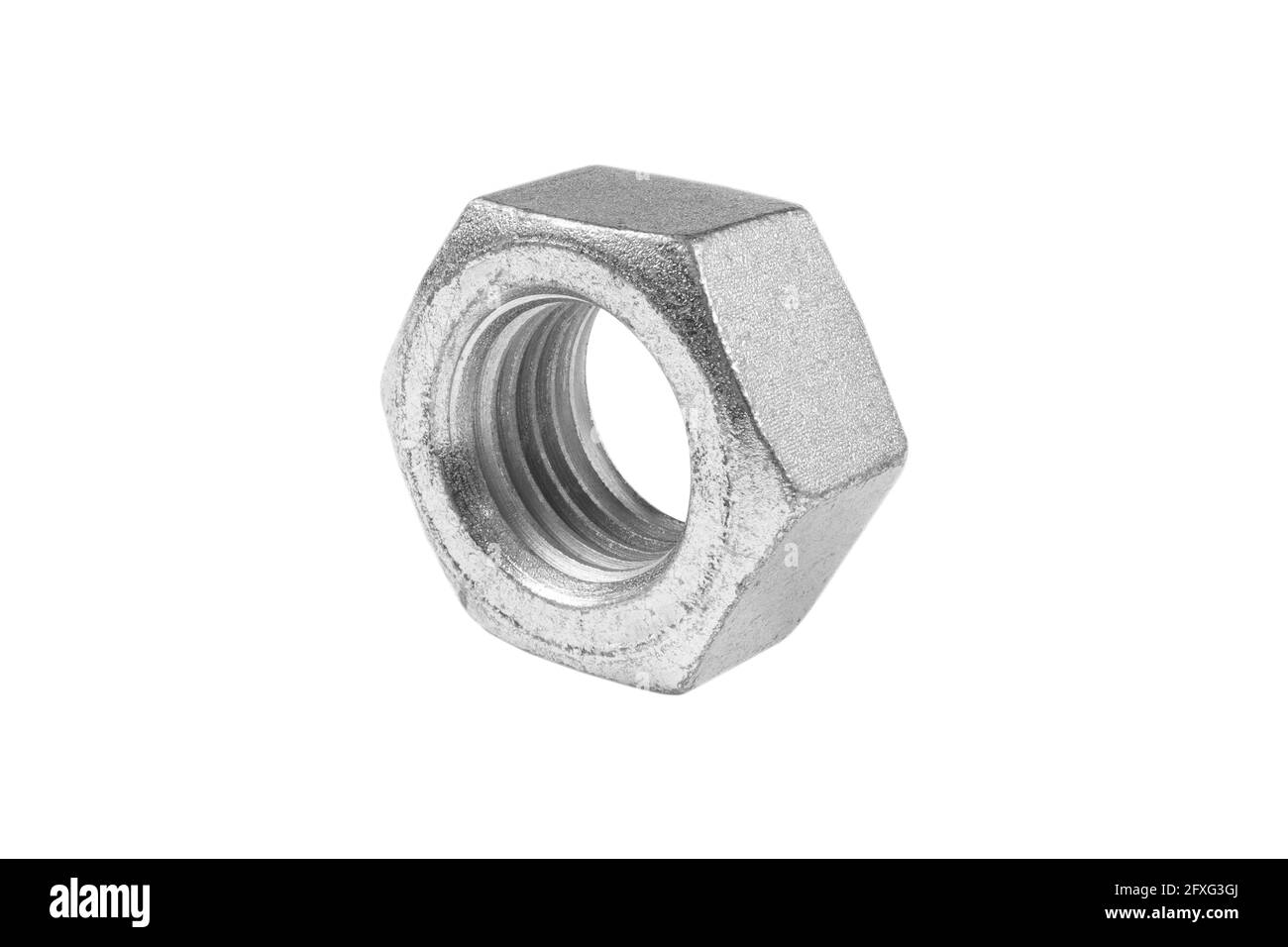 Macro shot metal nut isolated on white background. Chromed screw nut