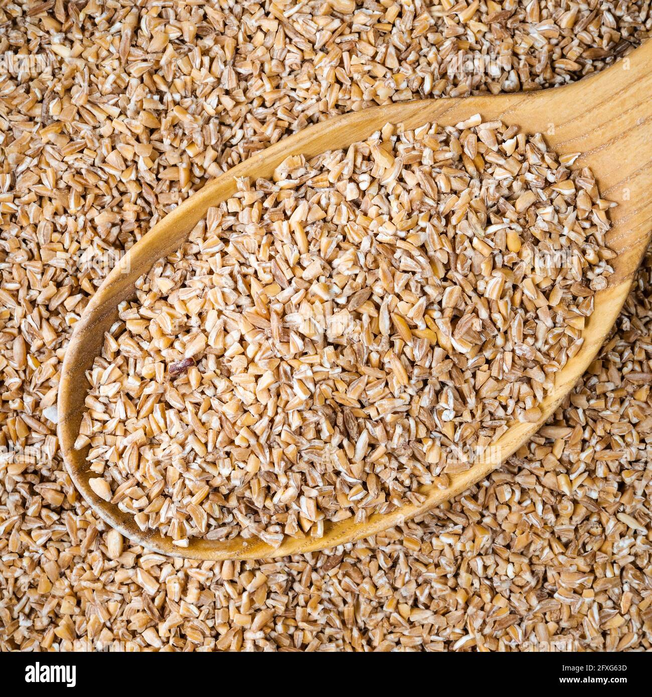 top view of crushed groats of Emmer farro hulled wheat in wooden spoon closeup Stock Photo