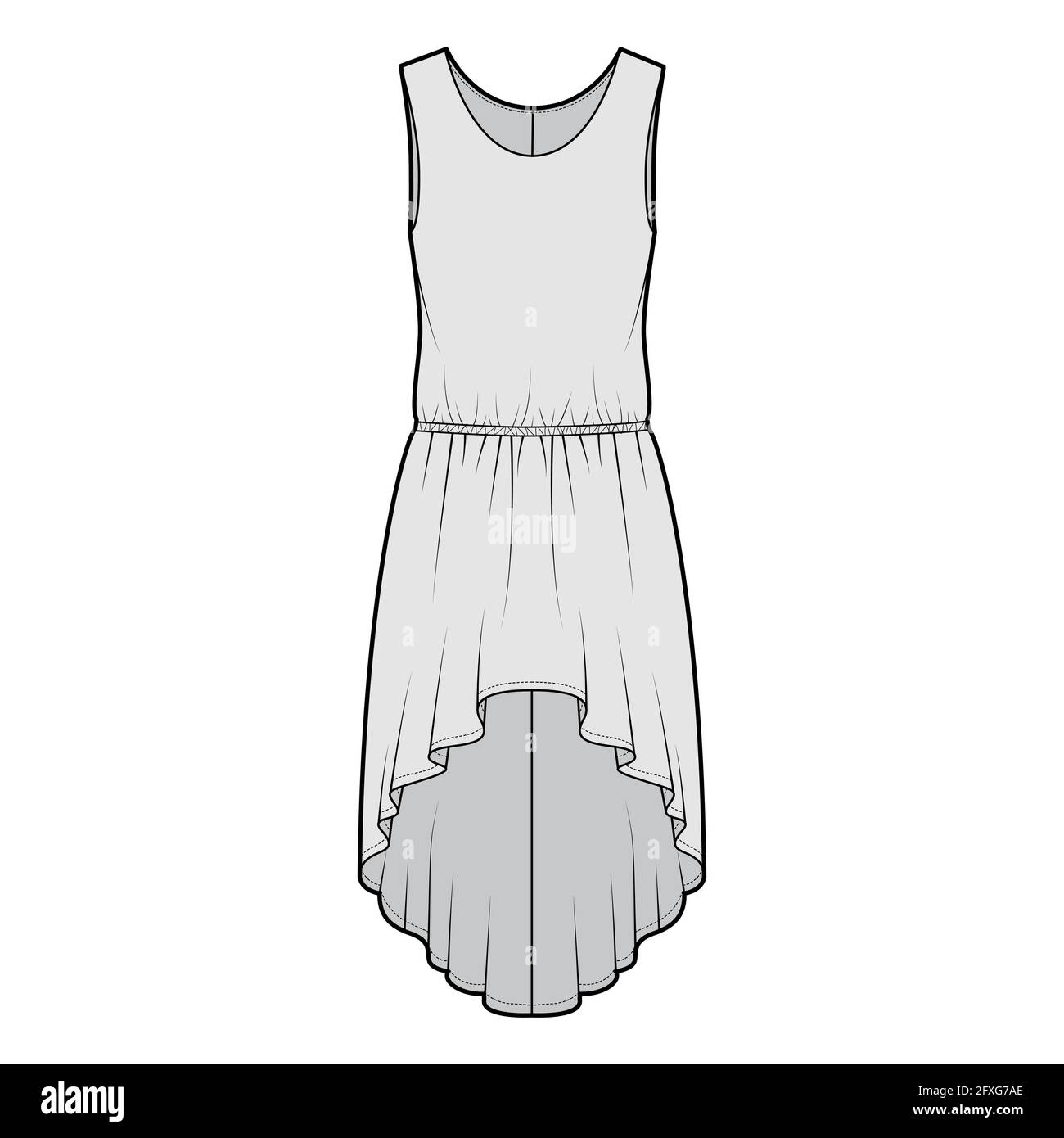 Dress high-low technical fashion illustration with sleeveless, oversized body, dropped elastic waistline, circular skirt. Flat apparel front, grey color style. Women, men unisex CAD mockup Stock Vector
