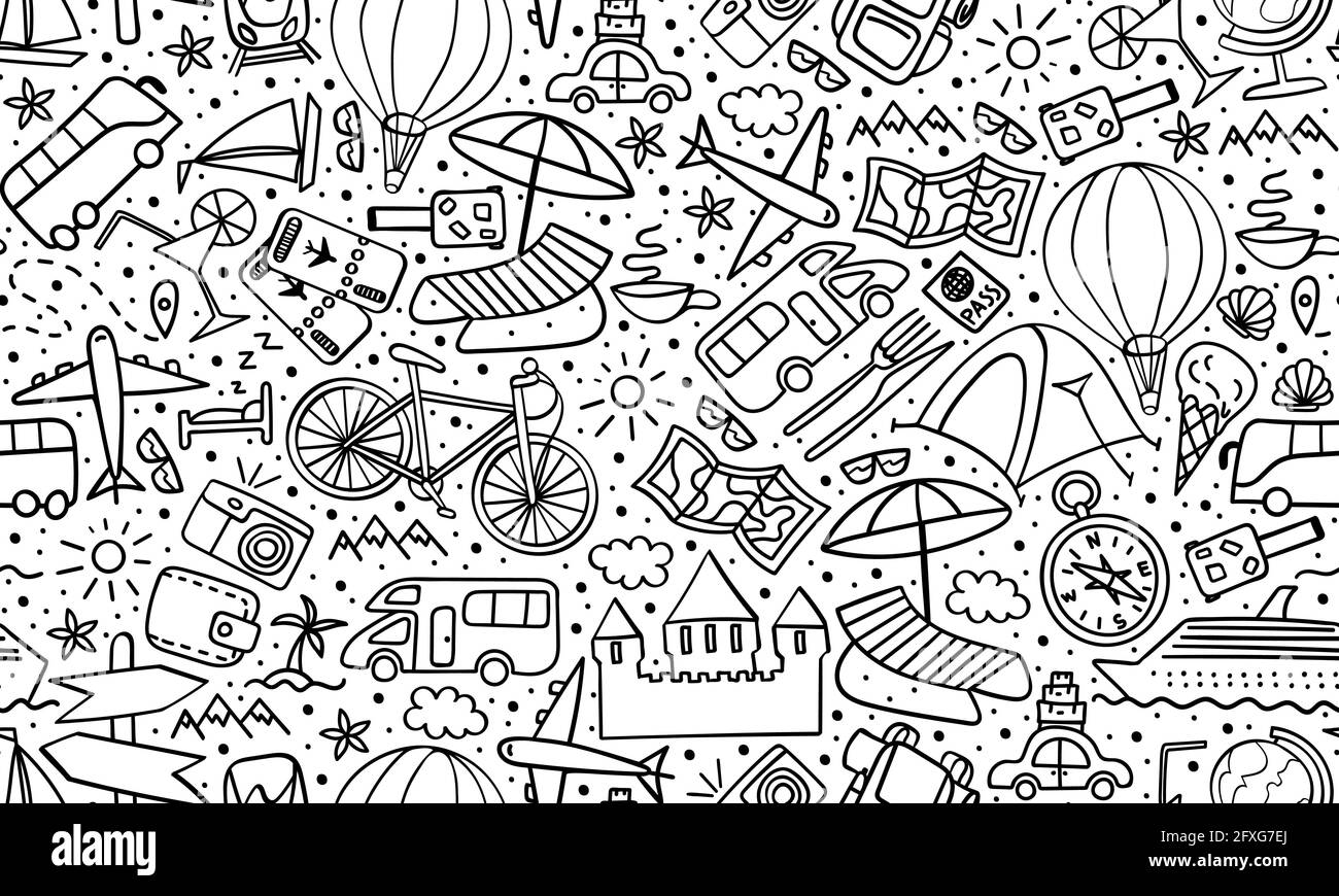 Travel doodles seamless pattern. Vacation print on white background. Vector illustration. Stock Vector