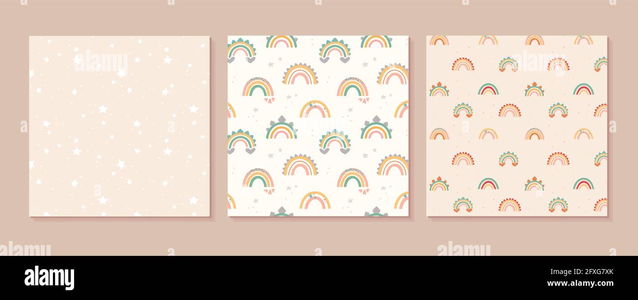 Set of seamless patterns, vector. Cute rainbows in boho style, pastel ...