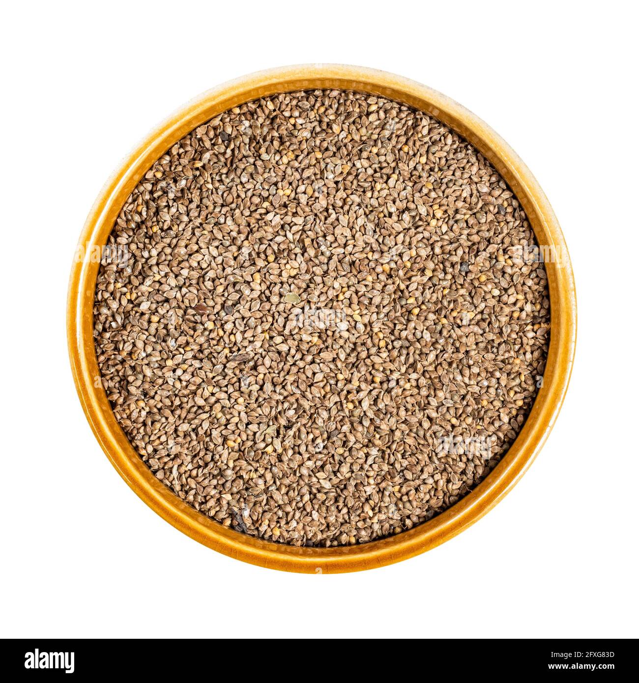 top view of unhulled barnyard millet seeds in round ceramic bowl cutout on white background