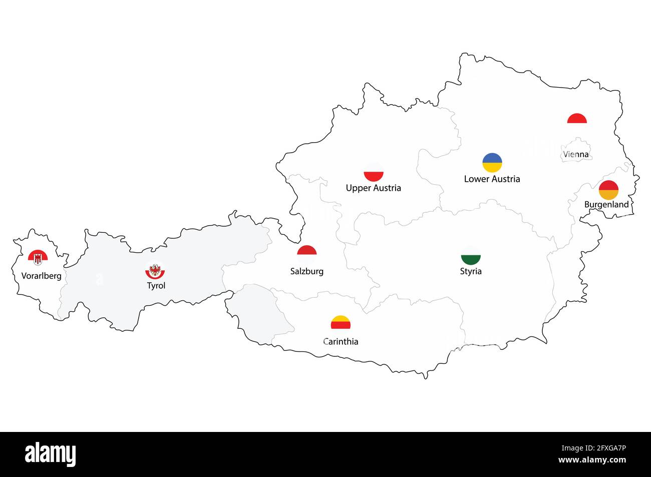 Vector illustration map of Austria federal states with names and flags isolated on white background. Stock Vector