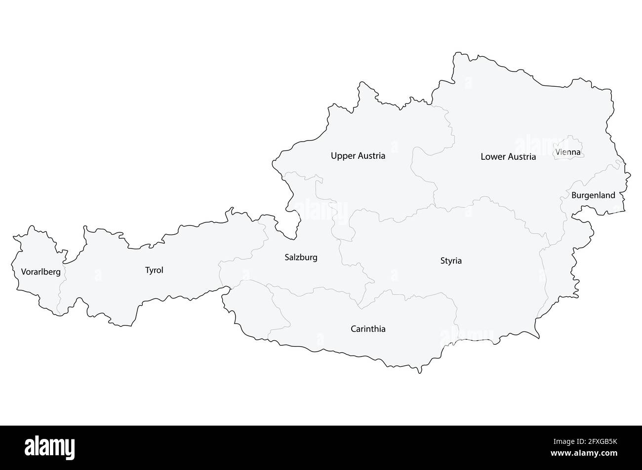 Vector illustration map of Austria federal states with names isolated on white background. Stock Vector