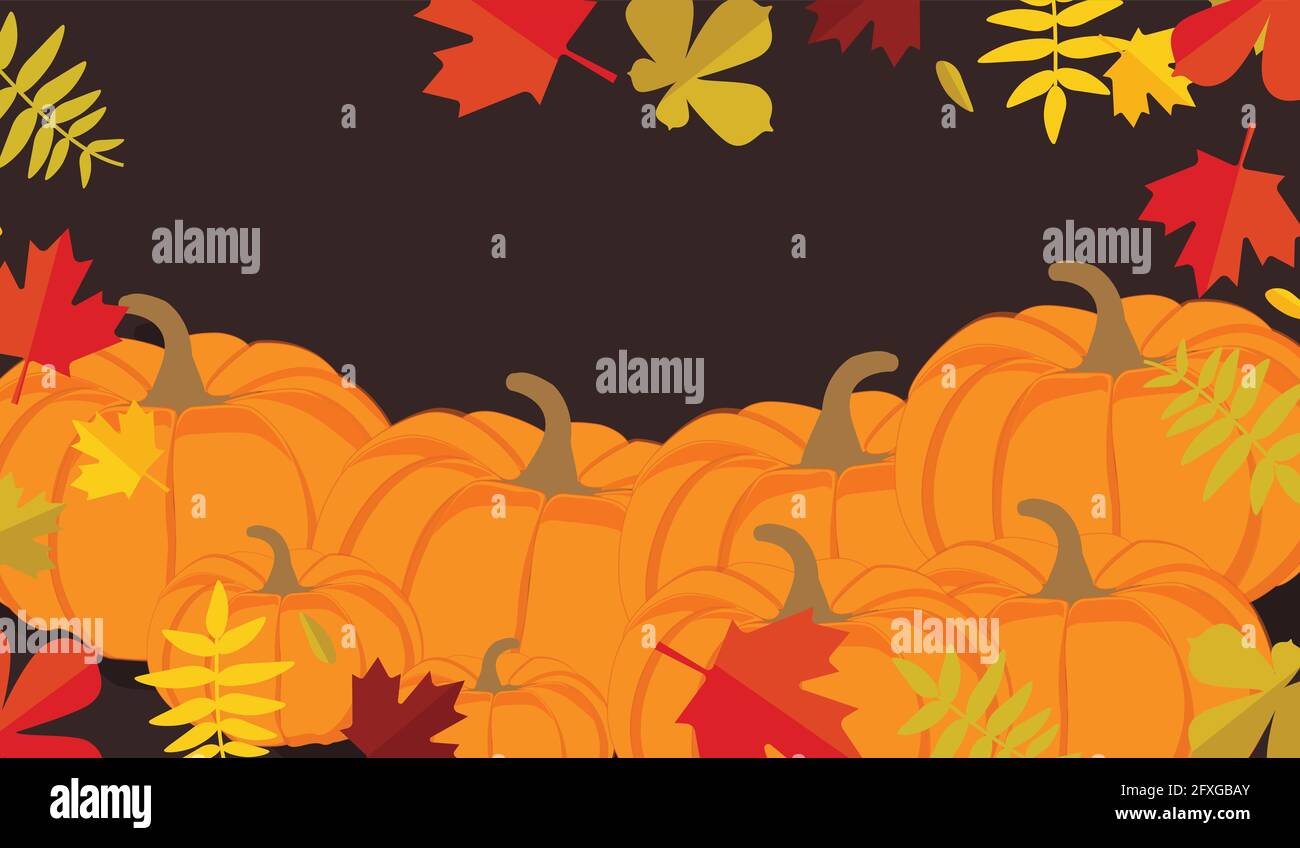 Autumn leaves and pumpkins border frame with space text on dark ...