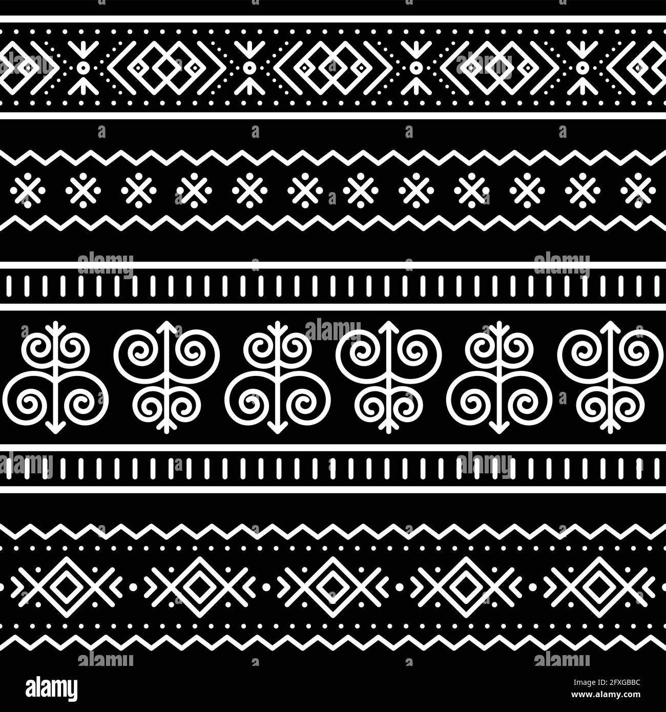 Slovak tribal folk art vector seamless geometric long horizontal pattern set, zig-zag, swirls, dots and abstract background inspired by traditional pa Stock Vector
