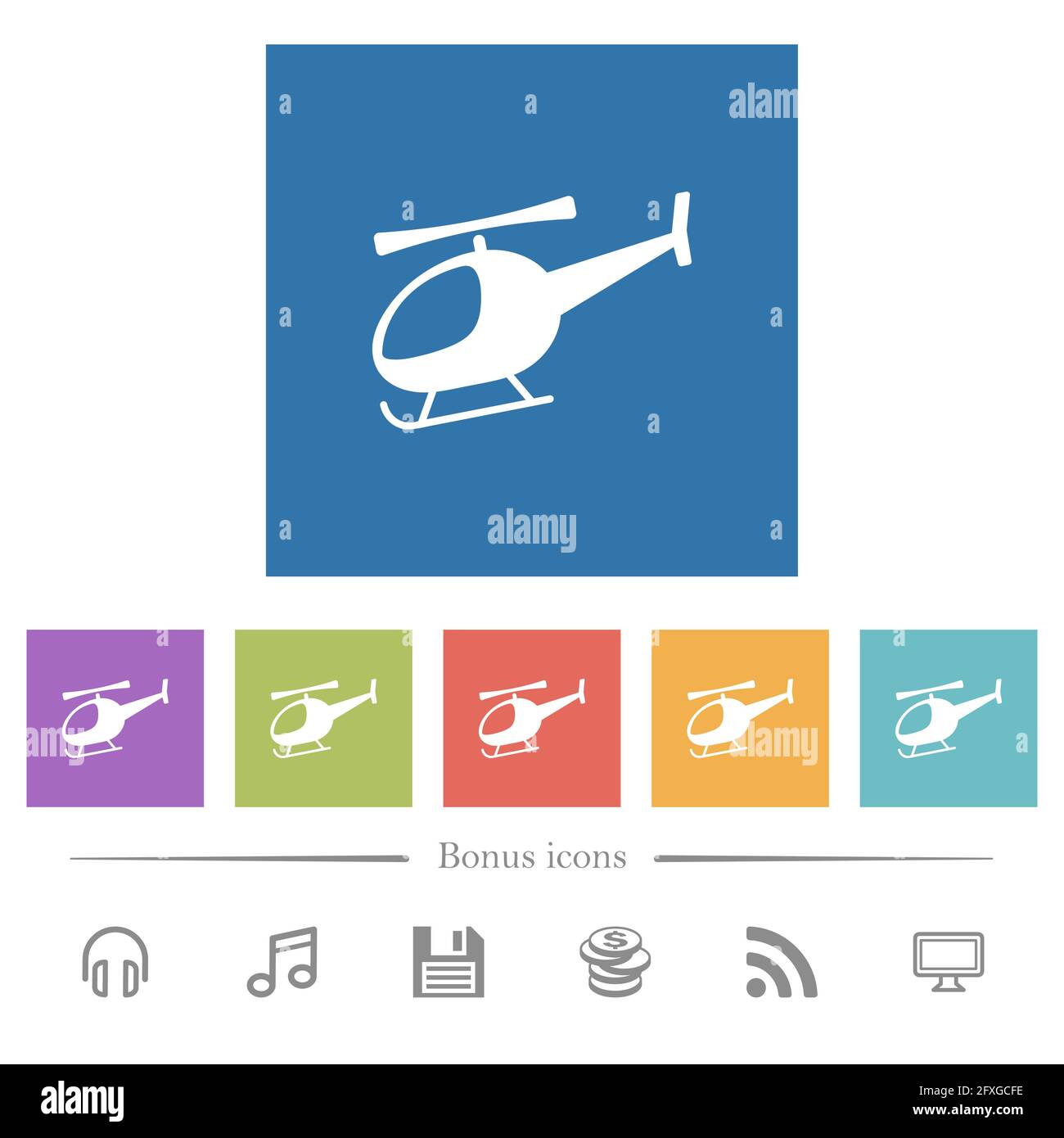 Helicopter silhouette flat white icons in square backgrounds. 6 bonus ...