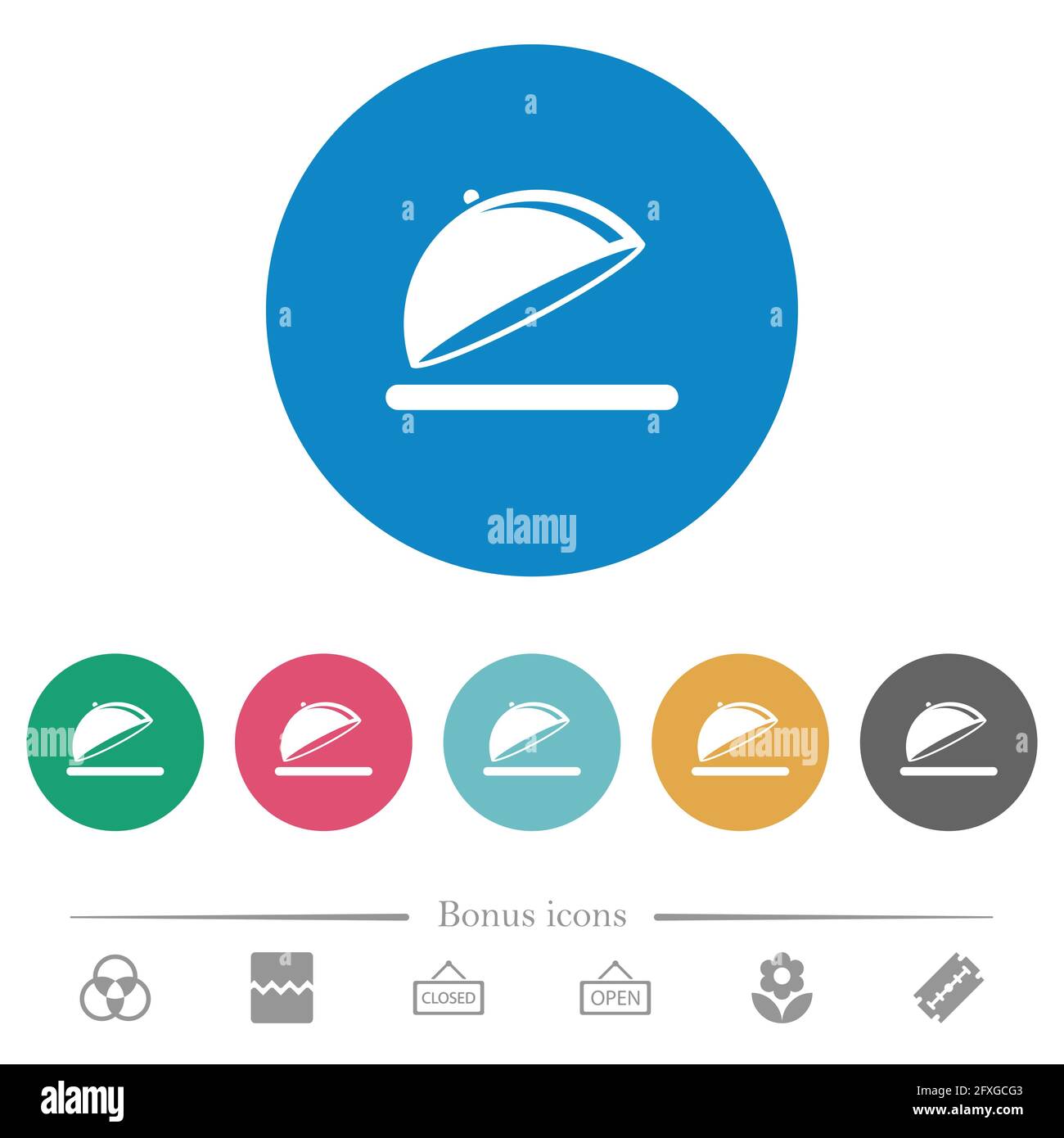Open food tray with gloss flat white icons on round color backgrounds ...