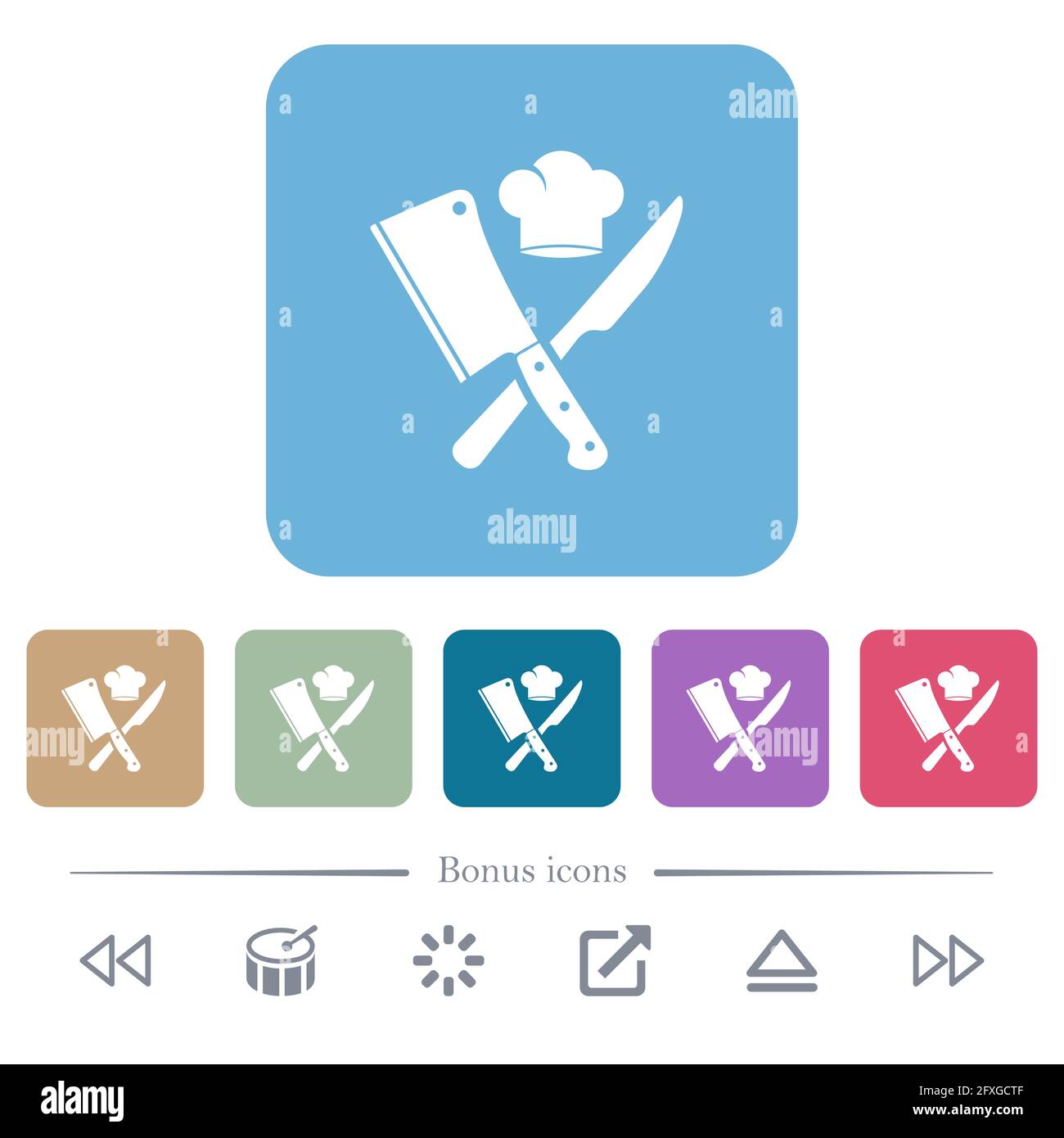 Crossed meat cleaver and knife with chef hat white flat icons on color ...