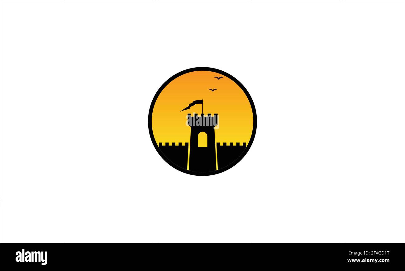 fortress vector icon logo design illustration with sunset and seagull ...