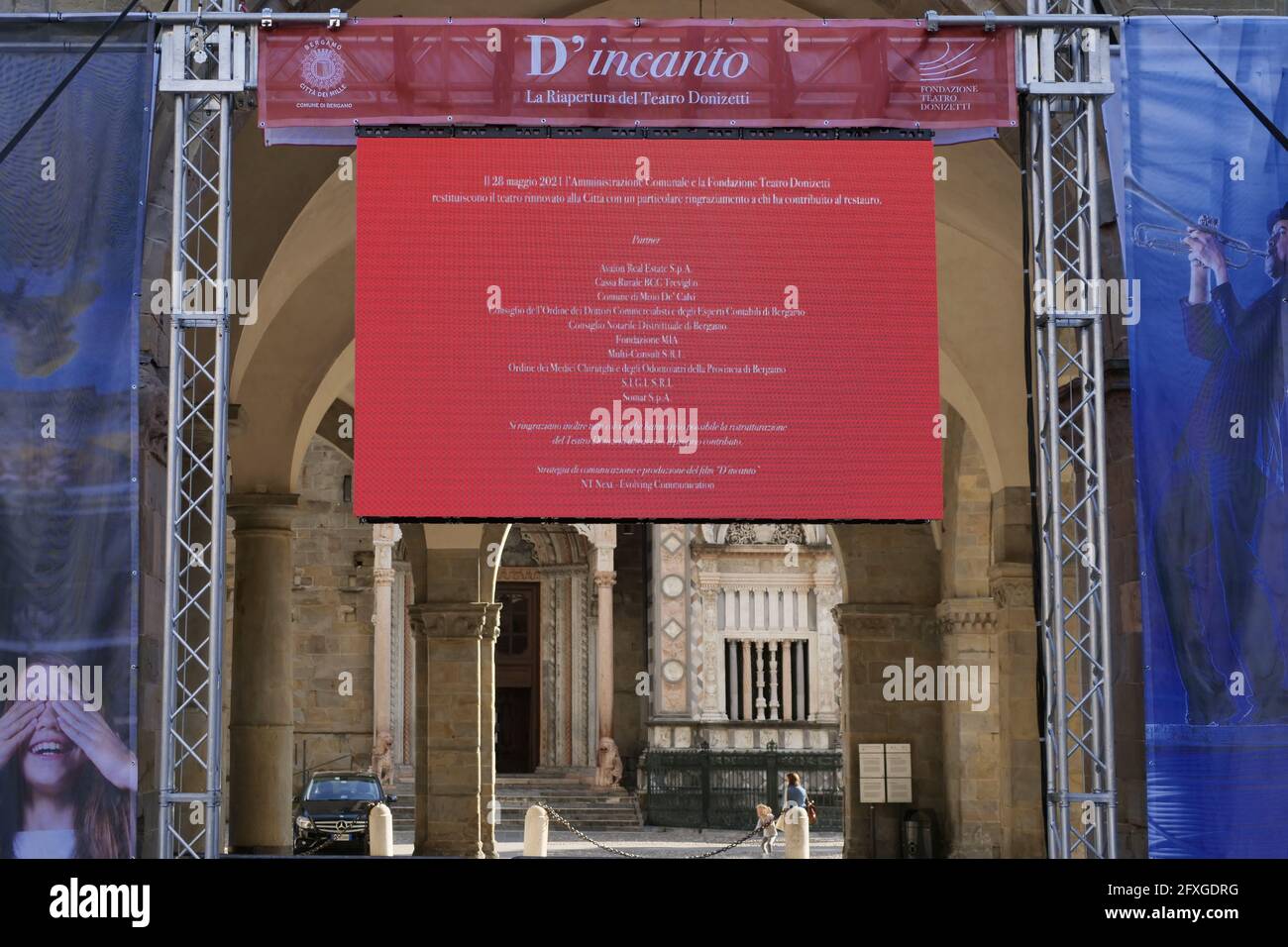 Festival Donizetti banners in Piazza Vecchia square, Bergamo alta, Lombardy. Stock Photo