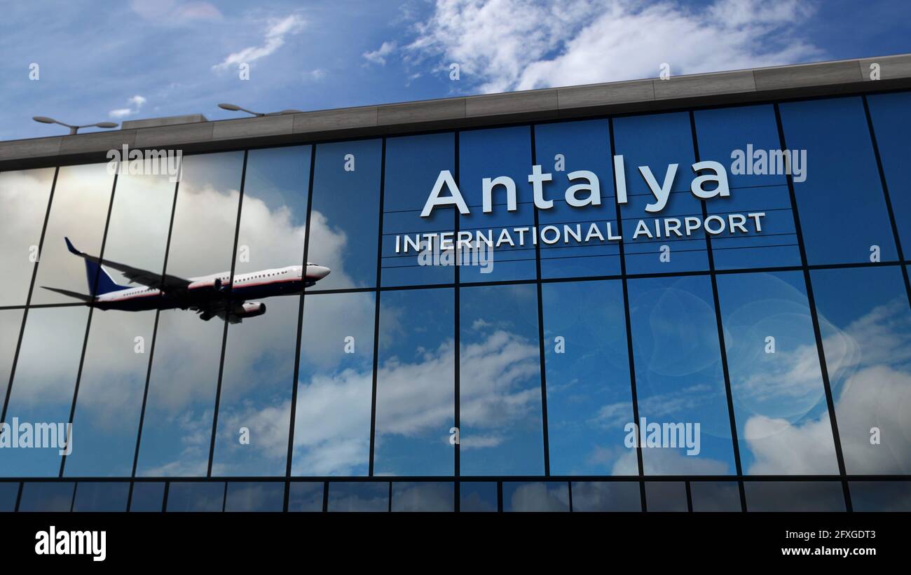 Jet aircraft landing at Antalya, Turkey 3D rendering illustration. Arrival  in the city with the glass airport terminal and reflection of the plane. Tr  Stock Photo - Alamy