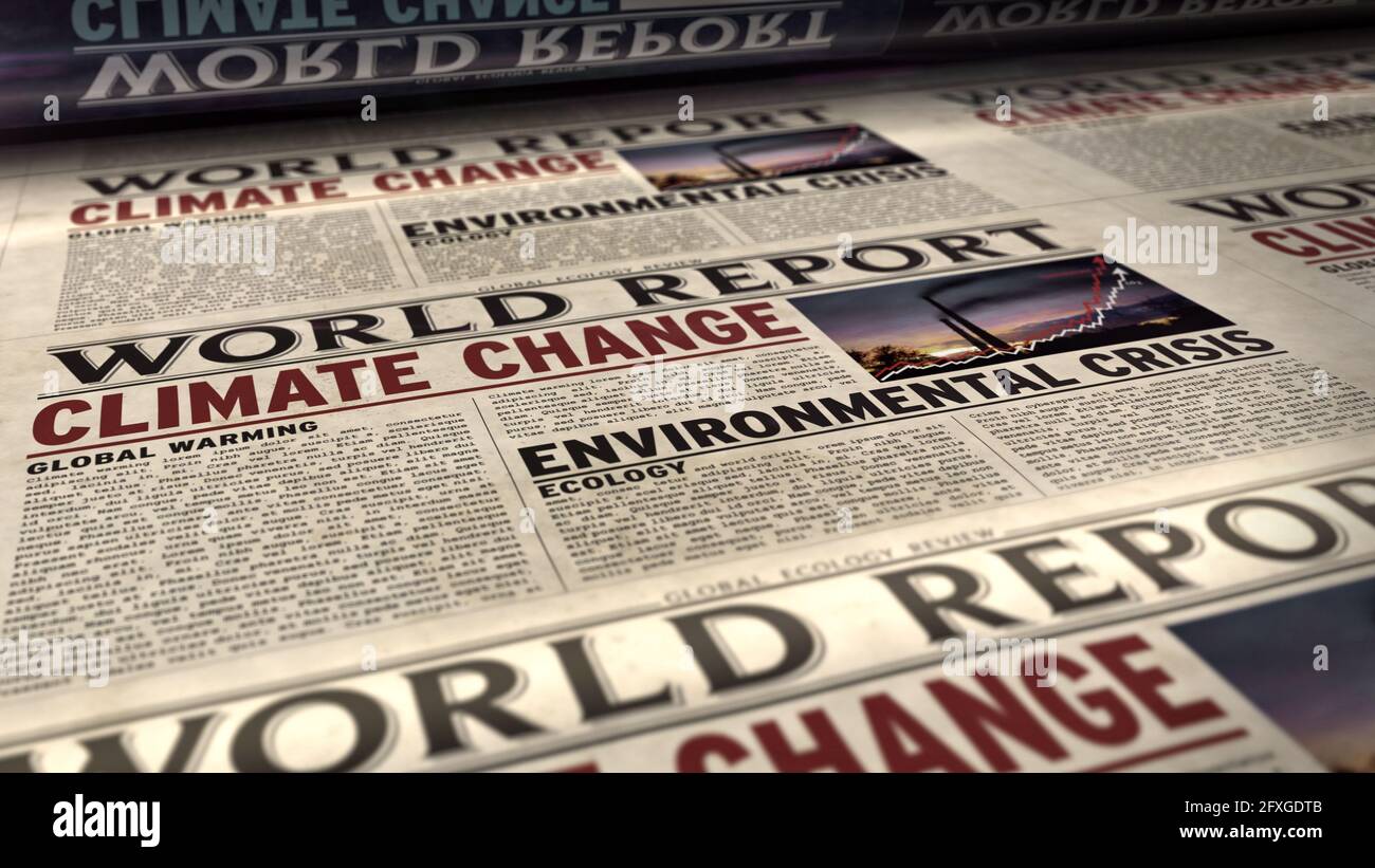 Climate change world report, global warming, ecology and environmental crisis news daily newspaper printing. Retro 3d rendering black and white animat Stock Photo