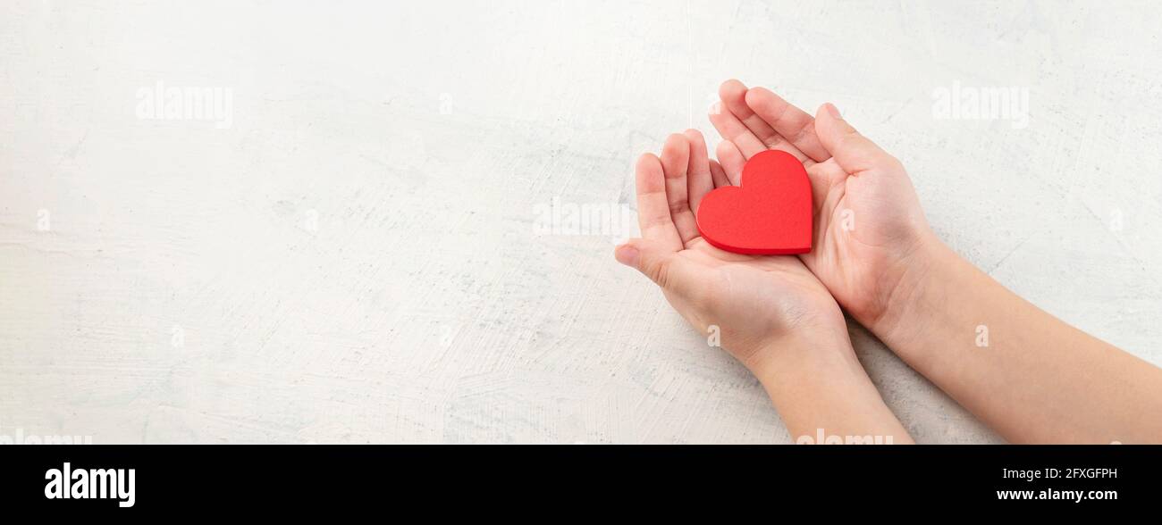 banner with top view of children hands holding red heart on white ...