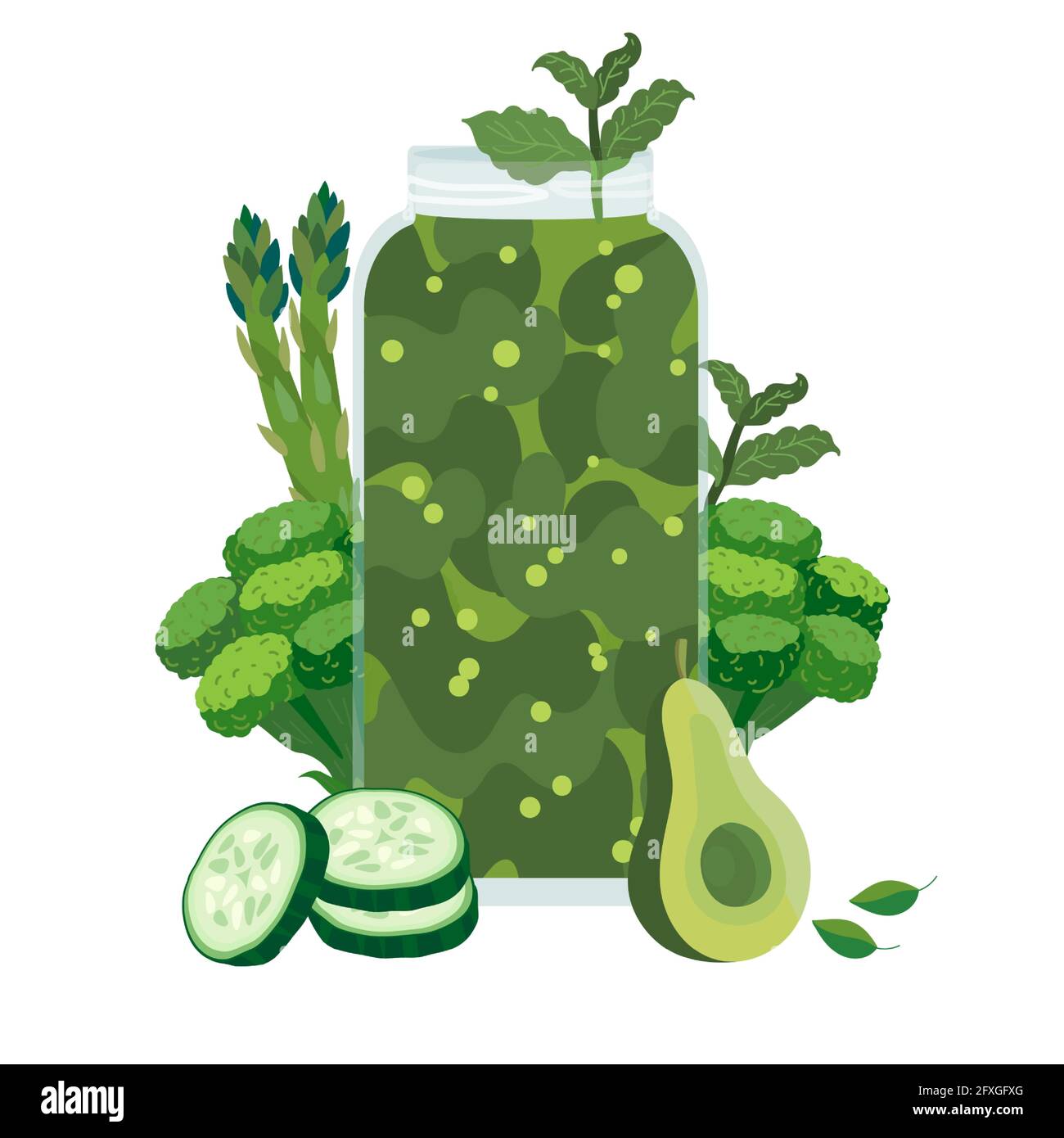 Green smoothie cocktail with asparagus, avocado, cucumber and broccoli. Healthy green drink. Good for vegan, vegeterian, keto, detox an smoothie diets Stock Vector