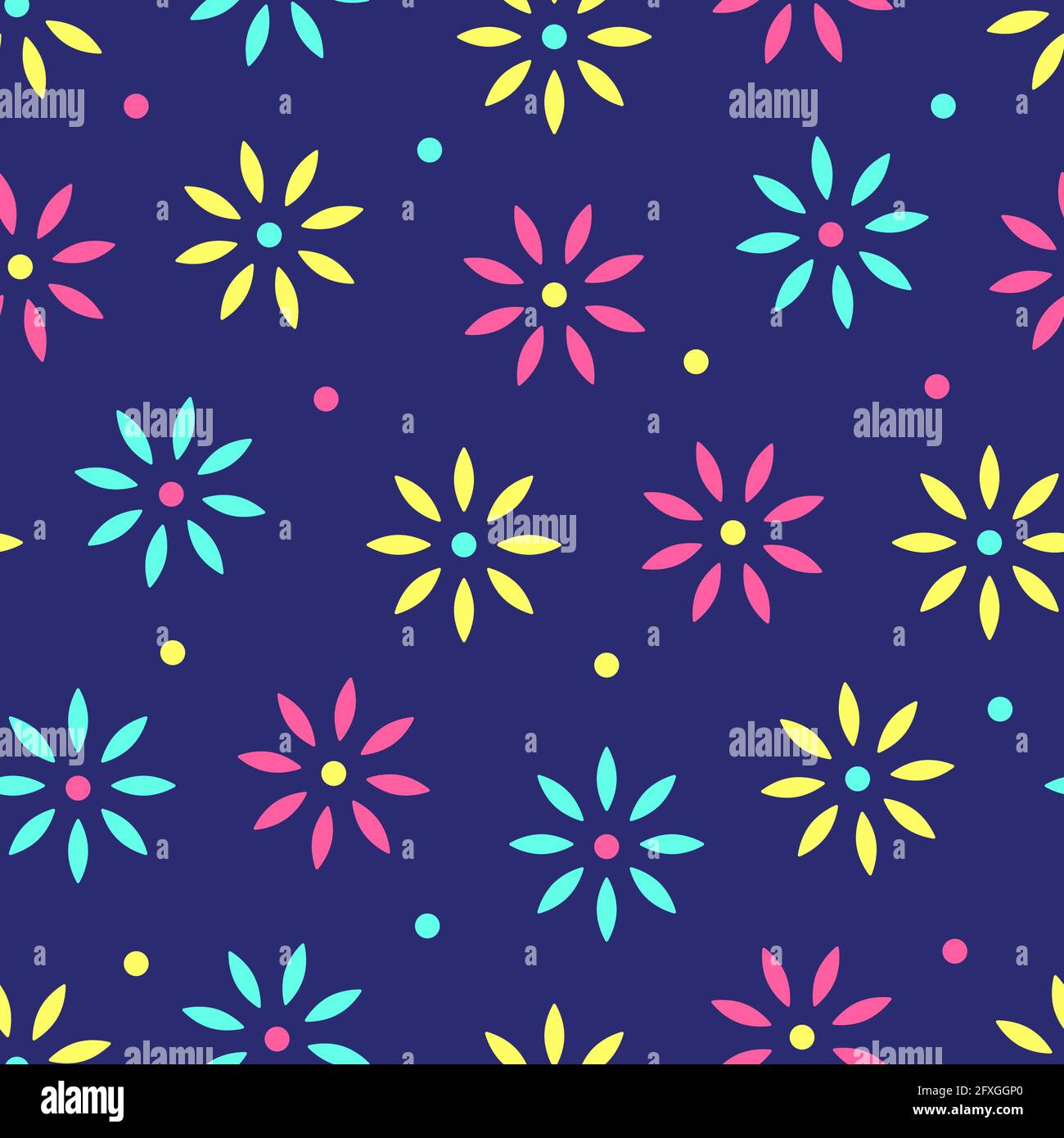 Seamless pattern of geometric abstract flowers of different colors on a dark blue background, daisies, asters Vector illustration. Stock Photo