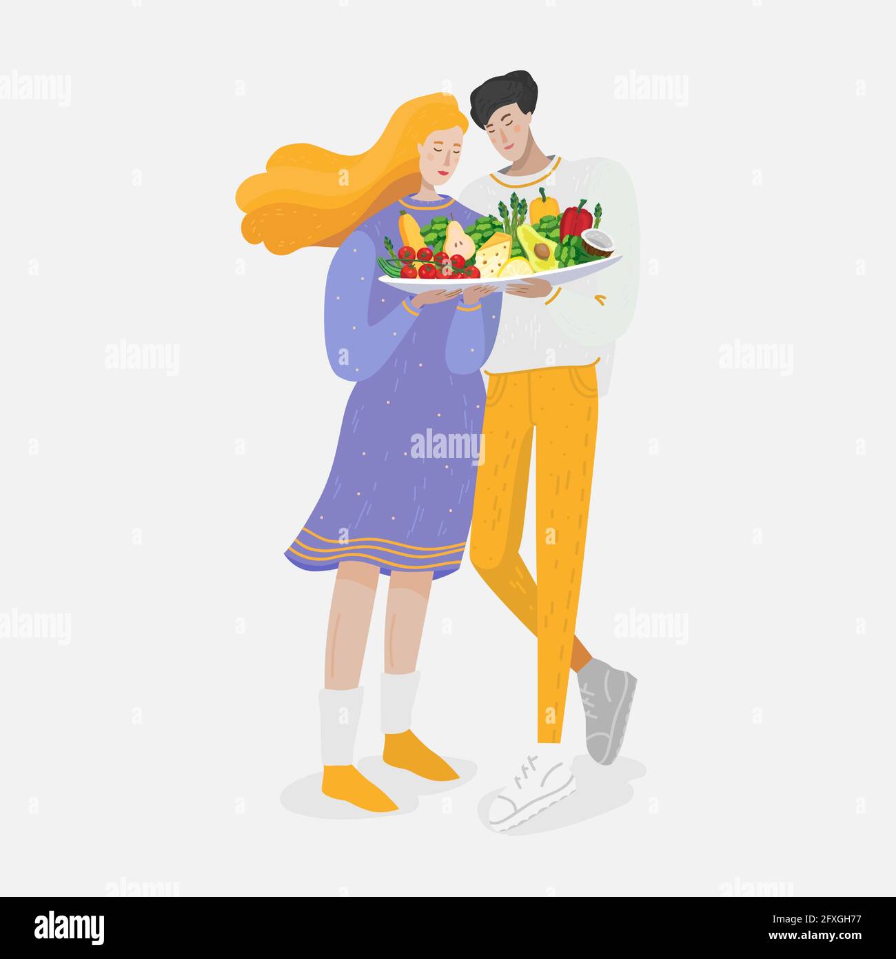 Couple with big plate of healthy organics foods - vegetables and fruits. Concept of same nutrition in the family. For vegan and vegetarian healthcare Stock Vector