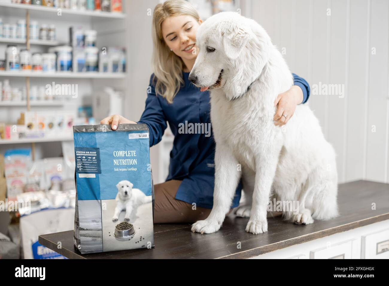 Cheerful female veterinarian and big sheepdog sitting on reception of veterinary store and clinic with packaging of dog dry food and nutrition. Pet care and treatment. .  Stock Photo
