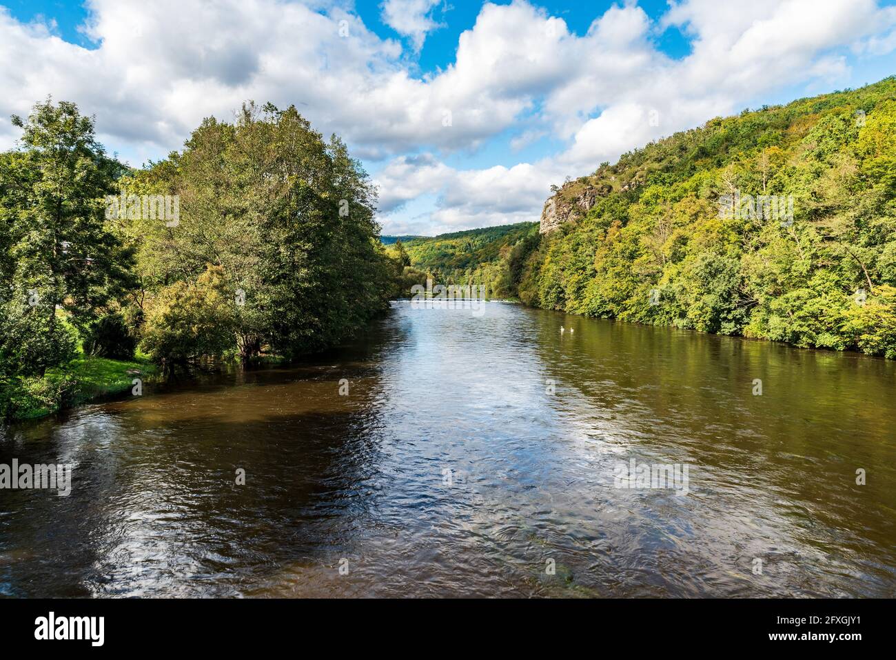 Beautiful Podyji / Thayatal national park on czech - austrian borders from border bridge near Hardegg town with Dyje river and forest covered hill wit Stock Photo